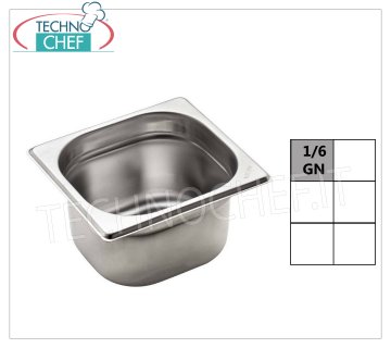 Gastronorm GN 1/6 pans in stainless steel Gastro-norm 1/6 basin, 18/10 stainless steel, capacity 1.6 litres, dim.mm.176 x 162 x 100 h