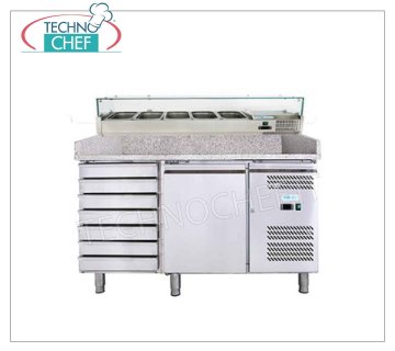 Refrigerated Pizza Counter 1 Door, 7 Drawers, 1/3 or 1/4 GN Ingredients Showcase, Class C REFRIGERATED VENTILATED PIZZA COUNTER 1 DOOR, CLASS C, GAS R600a, FORCOLD brand, operating temperature + 2 ° / + 8 ° C, with refrigerated display case 330 or 380 mm deep, 7 drawers, Kw.0,275, V.230 / 1 , dim.mm.1510x800x1435h, weight 346 kg cap. lt 390