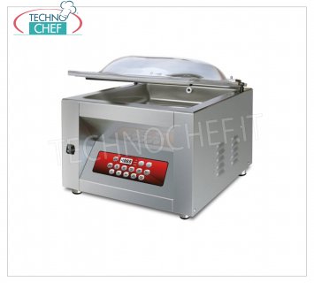 Professional vacuum chamber machine, 40 cm sealing bar, 41x45x22h chamber, BASIC DISPLAY model EUROMATIC BELL VACUUM PACKAGING MACHINE for BENCH, CHAMBER mm.410x450x220h, WELDING BAR 400 mm, VACUUM PUMP 20/24 meters / cubic / hour, V.230 / 1, Kw. 0.90, Weight 60 Kg, dim.mm.510x560x450h