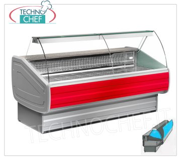 REFRIGERATOR DISPLAY COUNTER Ventilated, Temp.0°/+2° , DEEP TOP 80 cm, CURVED GLASS Refrigerated display counter for BUTCHER or GASTRONOMY, ventilated, temp.0°/+2°C, version with CURVED GLASSES that can be opened DOWNWARDS, display surface 80 cm deep, with refrigerated reserve, V.230/1, Kw.0,373, Weight 170 Kg, dim.mm.1500x1060x1205h