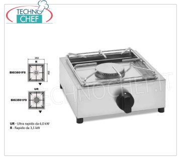 Technochef - Professional gas table top stove, 1 burner TABLE GAS STOVE with 1 PROFESSIONAL BURNER in STAINLESS STEEL running on universal gas, with 1 QUICK 3.5 kw BURNER, weight 5.9 kg, dimensions 350x350x170h mm