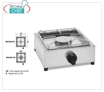 Technochef - Professional table gas stove, 1 burner TABLE GAS STOVE with 1 PROFESSIONAL STAINLESS STEEL BURNER running on universal gas, with 1 RAPID BURNER of 3.5 kw, weight 5.9 kg, dimensions 350x350x170h mm