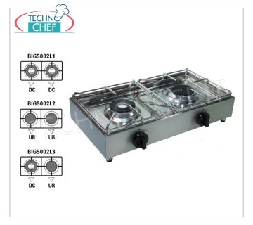 Technochef - Professional table top gas stove, 2 burners Tabletop gas stove in stainless steel, with 2 professional burners running on universal gas with 1 DOUBLE CROWN BURNER of 3.5 kw and 1 ULTRA RAPID BURNER of 2.5 kw, weight 7.5 kg, dimensions 620x330x145h mm