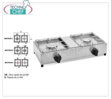Technochef - Professional table gas stove, 2 burners GAS TABLE STOVE with 2 PROFESSIONAL STAINLESS STEEL BURNERS operating on universal gas, with 1 ULTRA RAPID BURNER of 6.00 kw and 1 RAPID BURNER of 3.5 kw, weight 12 kg, dimensions 750x350x170h mm