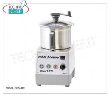 CUTTER-HOMOGEINIZER BLIXER 5 VV, tub capacity 5.5 liters, Brand ROBOT COUPE, professional CUTTER-HOMOGEINIZER BLIXER 5 VV, Brand ROBOT COUPE, with 5.5 lt Tank - Speed Variator from 300 to 3,500 rpm, Impulse Controls, V. 230/1, Kw 1.40, Weight 25 kg, Dimensions mm 280x350x500h