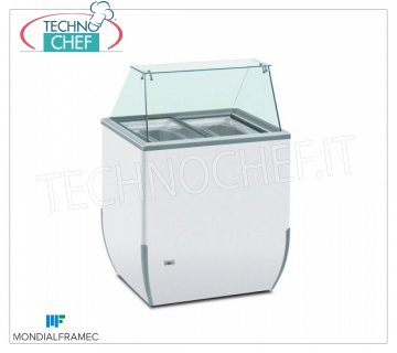 MONDIAL FRAMEC - Display cabinet for creamed ice cream, lt.170, Mod.BRIOICE4SK Display cabinet for creamed ice cream, MONDIAL FRAMEC, capacity 170 liters, temperature -18 ° / -25 ° C, static with evaporator wrapped on the tank, V. 230/1, Kw 0.15, Weight 47 Kg, dim.mm.780x640x1181h