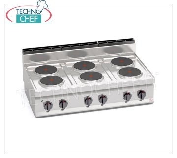 TECHNOCHEF - ELECTRIC COOKER 6 TOP PLATES, Kw.15,6, Mod.E7P6B 6 PLATE ELECTRIC RANGE TOP, BERTOS, MACROS 700 Line, HIGH POWER Series, with 6 ROUND plates Ø 220 mm, INDEPENDENT CONTROLS, 6 power levels, V.400/3+N, Kw.15,6 Weight 58 Kg, dim .mm.1200x700x290h