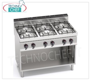 TECHNOCHEF - 6 BURNERS GAS COOKER on OPEN CABINET, Kw.33,5, Mod.G7F6MPW 6 BURNERS GAS COOKER on OPEN CABINET, BERTO'S, MACROS 700 Line, ECO POWER Series, thermal power Kw.33,5, Weight 90 Kg, dim.mm.1200x700x900h
