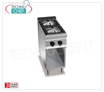 TECHNOCHEF - 2 BURNERS GAS COOKER on OPEN CABINET, Kw.14,00, Mod.G7F2MP 2 BURNERS GAS COOKER on OPEN CABINET, BERTO'S, MACROS 700 Line, MAX POWER Series, thermal power Kw.14,00, Weight 38 Kg, dim.mm.400x700x900h