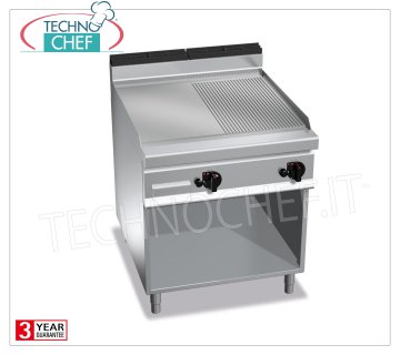 GAS GRIDDLE, 1/2 STRIPED and 1/2 SMOOTH MULTIPAN PLATE, mod.G9FM8M-2 GAS FRY TOP with 1/2 SMOOTH and 1/2 RIBBED PLATE, BERTO'S, MAXIMA 900 Line, MULTIPAN Series, DOUBLE module on OPEN CABINET with 796x667 mm COOKING ZONE, INDEPENDENT CONTROLS, heat output Kw.20.00, Weight 111 Kg, dim.mm.800x900x900h