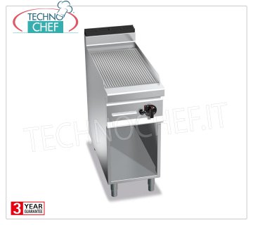 GAS FRY TOP with MULTIPAN STRIPED PLATE, on CABINET, mod. G9FR4M GAS FRY TOP with STRIPED PLATE, BERTOS MAXIMA 900 Line, MULTIPAN Series, 1 module on OPEN CABINET with COOKING ZONE 396x667 mm, thermal power Kw.10,00, Weight 66 Kg, dim.mm.400x900x900h
