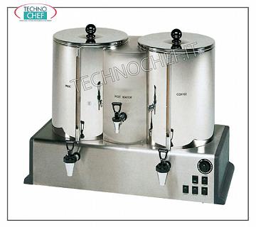 Hot drinks dispensers for breakfast Beverage production and distribution groups, 5 l- 50 cups of 100 cc of coffee. 1 l every 2 min. of hot water in a continuous cycle. 5 liters of milk - 25 cups of 200 cc, V 400/3, Kw 6,2, mm 740x460x540 h, weight Kg 25.