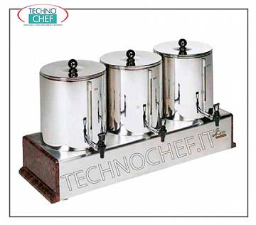 Hot water producers for drinks Bain-marie containers 5 + 5 + 5 l- 75 cups of 200 cc. Composed of 3 cont. 5 l bain-marie completely independent, V 230/1, Kw 2.7, mm 700x390x513 h, weight Kg 17.