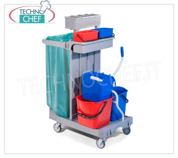 Forcar - Cleaning Trolley, 2 buckets lt. 15, Wringer, Bag holder, Medium box, mod.CA1615 Multipurpose trolley for cleaning, complete with wringer, medium box, bag holder, 2 buckets of lt. 4 and 2 buckets of lt. 15, broom hook, central compartment with sliding drawer, wheels diameter 100, dim.mm.920x680x1240h