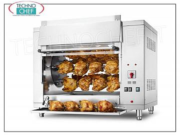 ELECTRIC PLANETARY ROTISSERIE with 5 RODS for 20 CHICKENS, ELECTRIC PLANETARY ROTISSERIE countertop in STAINLESS STEEL with 5 AUCTIONS for 20 CHICKENS, equipped with internal light 708 mm long, weight 108 kg, V.400 / 3 + N. kw 7.3, dimensions mm 1008x660x790h