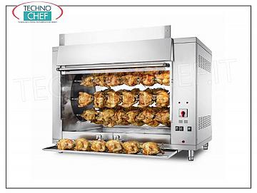 ELECTRIC PLANETARY ROTISSERIE with 8 RODS for 48 CHICKENS, ELECTRIC PLANETARY ROTISSERIE counter in STAINLESS STEEL with 8 AUCTIONS for 48 CHICKENS, equipped with 1000 mm long internal light, weight 175 kg, V.400 / 3 + N kw 9,5, dimensions mm 1300x800x930h