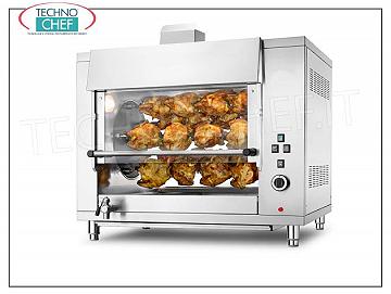 GAS PLANETARY ROTISSERIE with 5 RODS for 20 CHICKENS, GAS PLANETARY ROTISSERIE countertop in STAINLESS STEEL with 5 AUCTIONS for 20 CHICKENS, equipped with internal light 708 mm long, weight 121 kg, Thermal Power 9 kw, V.230 / 1. kw 0,18, dimensions mm 1008x660x790h