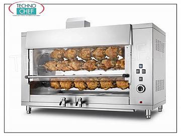 GAS PLANETARY ROTISSERIE with 5 RODS for 30 CHICKENS, GAS PLANETARY ROTISSERIE countertop in STAINLESS STEEL with 5 AUCTIONS for 30 CHICKENS, equipped with 1000 mm long internal light, weight 142 kg, Thermal Power 13.5 kw, V.230 / 1, kw 0.18, dimensions 1300x660x840h mm