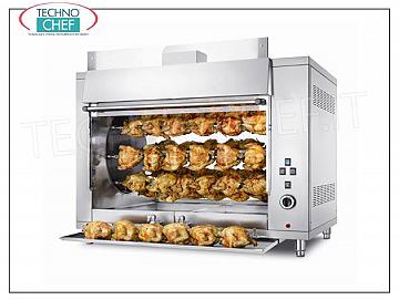 GAS PLANETARY ROTISSERIE with 8 RODS for 48 CHICKENS, PLANETARY GAS ROTISSERIE countertop in STAINLESS STEEL with 8 AUCTIONS for 48 CHICKENS, equipped with 1000 mm long internal light, weight 180 kg, Thermal Power 13.5 kw, V.230 / 1, kw 0.18, dimensions 1300x800x980h mm