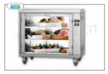 Hot ventilated showcase with wheels for Rotisserie mod. CBE-20P-S5 Hot ventilated showcase on wheels with 2 shelves and hinged glass doors, temperature from 30 ° to 90 ° C, for electric rotisserie CBE-20P, V.230 / 1, kw 2,2 - weight 66 kg, dimensions 88x45x74h cm,