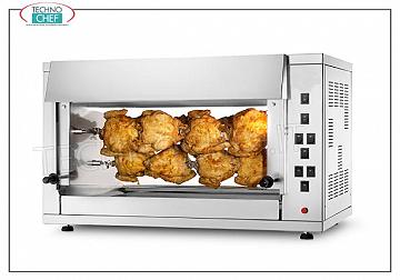 ELECTRIC ROTISSERIE with 3 overlapping RODS for 12 CHICKENS ELECTRIC ROTISSERIE countertop in STAINLESS STEEL with 3 single overlapping AUCTIONS for 12 CHICKENS, equipped with internal light 720 mm long, weight 48 kg, V.230 / 1, kw 5.0, dimensions 880x430x710h mm