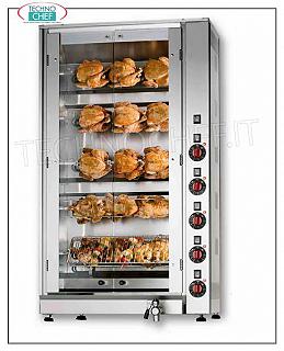 ELECTRIC ROTISSERIE with 5 Independent Overlapping RODS for 15 CHICKENS ELECTRIC ROTISSERIE with 5 INDEPENDENT STACKING RODS for 15 CHICKENS, Possibility of PARTIAL LOAD, closed with 2 Glass Doors, weight kg 70, V. 400/3 + N, kw 8,3, dimensions cm 70,5x45x125h