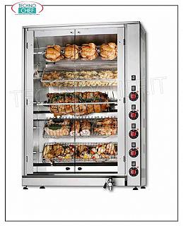 ELECTRIC ROTISSERIE with 5 INDEPENDENT SHAFT overlapping for 20 CHICKENS ELECTRIC ROTISSERIE with 5 RODS Overlapping spade with independent control for 20 CHICKENS, possibility of PARTIAL LOAD, closed with 2 glass doors, weight kg 88, V. 400/3 + N, kw 10.7, dimensions cm 88x45x125h