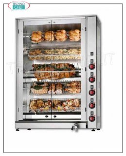 ELECTRIC ROTISSERIE with 5 Independent overlapping RODS for 30 CHICKENS ELECTRIC ROTISSERIE with 5 single Independent overlapping AUCTIONS for 30 CHICKENS, possibility of PARTIAL LOAD, Closed with 2 Glass Doors, weight kg 113, V. 400/3 + N, kw 15, dimensions 116x45x125h cm