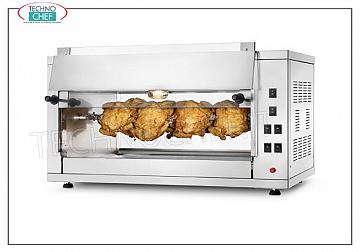 ELECTRIC ROTISSERIE with 2 overlapping RODS for 6 CHICKENS ELECTRIC ROTISSERIE countertop in STAINLESS STEEL with movement with 2 single overlapping RODS for 6 CHICKENS, equipped with internal light 550 mm long, weight 31 kg, V.230 / 1. kw 2,8, dimensions mm 700x360x450h