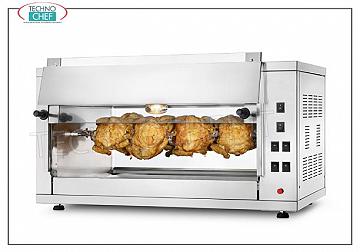 ELECTRIC ROTISSERIE with 2 overlapping AUCTIONS for 8 CHICKENS ELECTRIC ROTISSERIE countertop in STAINLESS STEEL with 2 single overlapping AUCTIONS for 8 CHICKENS, equipped with internal light 720 mm long, weight 41 kg, V.230 / 1, kw 3,5, dimensions 880x430x530h mm
