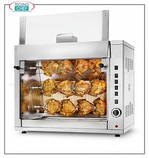 GAS ROTISSERIE with 3 overlapping RODS for 12 CHICKENS GAS ROTISSERIE countertop in STAINLESS STEEL with 3 single overlapping AUCTIONS for 12 CHICKENS, equipped with internal light 720 mm long, weight 67 kg, dimensions 900x510x780h mm