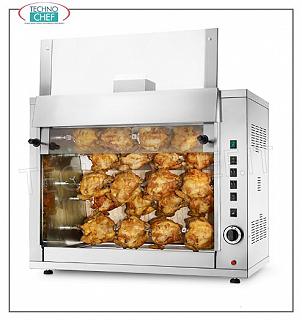 GAS ROTISSERIE with 5 overlapping RODS for 20 CHICKENS GAS ROTISSERIE countertop in STAINLESS STEEL with 5 single overlapping RODS for 20 CHICKENS, equipped with internal light 720 mm long, weight 81 kg, dimensions 900x510x780h mm