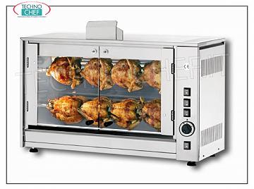 GAS ROTISSERIE with 2 overlapping RODS for 8 CHICKENS Countertop GAS ROTISSERIE in STAINLESS STEEL with 2 single overlapping AUCTIONS for 8 CHICKENS, equipped with internal light 720 mm long, weight 55 kg, dimensions 880x430x530h mm