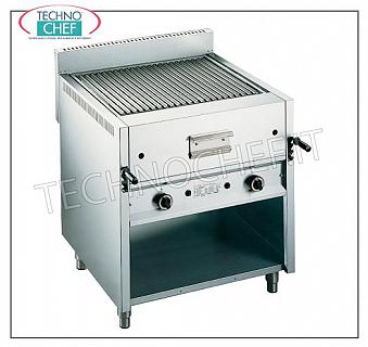GAS LAVA STONE GRILL on OPEN COMPARTMENT, 2 MODULES with 695x535 mm COOKING AREA GAS LAVA STONE GRILL, WITH OPEN CABINET, 2 INDEPENDENT CONTROL MODULES with COOKING AREA of mm 695x535, COMPLETE WITH UNIVERSAL GRATING, thermal power 17,5 Kw - external dimension mm. 80x70x85h