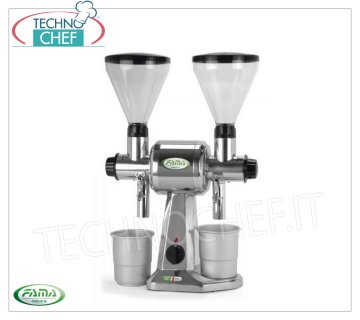 FAMA - Professional Double Coffee Grinder, hourly yield 10+10 Kg, mod.FCD Double professional coffee grinder, hourly production Kg 10+10, Rpm 1400, V.400/3, Kw.0,75, Weight 19 Kg, dim.mm.220x500x720h
