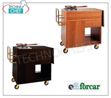 Forcar - FLAMBE TROLLEY 'WENGE color', 2 Burners, Mod.CF1201W Flambe 'trolley in WENGE melamine wood, with 2 BURNERS, bottle holder, side flap, underlying compartment with hinged door, 1 drawer and lower shelf, dim.mm.1050x580x850h