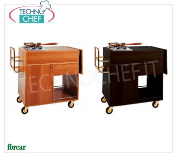Forcar - FLAMBE TROLLEY with 2 separate FIRES, walnut color, Mod.1202 Flambe trolley in melamine wood WALNUT, with 2 BURNERS, Bottle rack, Side flap, compartment below with hinged door, 1 drawer and lower shelf, dim.mm.1050x580x850h