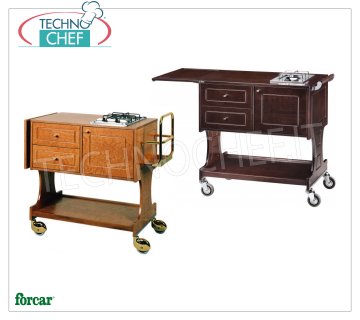 Forcar - CARRELO FLAMBE 'with 1 FIRE, walnut color, Mod.CL2751 Flambé trolley in WALNUT stained wood, with 1 FIRE, Bottle holder, Side flap, compartment below with hinged door, 2 drawers and lower shelf, dim.mm.1070x580x910h