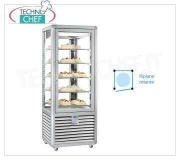 TECHNOCHEF - Refrigerated Showcase for Pastry, Temp. + 5 ° -20 ° C, 1 Door, lt. 427, Mod.CGL450R2T Multi-temperature display cabinet from + 5 ° to -20 ° C for pastry 1 door, ventilated refrigeration, Curve Line, with 4 display sides, 5 rotating glass shelves Ø 452, capacity 427 lt, V.230 / 1, Kw.0.54 , Weight 186 Kg, dim.mm.720x620x1860h