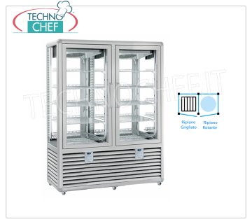 Refrigerated Showcase for Pastry, Temp. + 5 ° -20 ° C, 2 Doors, lt. 848, Mod.CGL900G2T / RG2T Multi-temperature showcase from + 5 ° to -20 ° C for 2-door pastry, ventilated refrigeration, Curve Line, with 4 display sides, 5 grilled shelves + 5 rotating shelves, capacity 848 lt, V.230 / 1, Kw.0,75 +0.75, Weight 329 Kg, dim.mm.1380x620x1860h