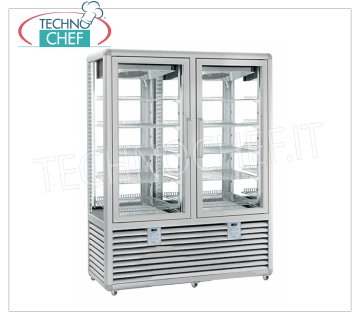 Refrigerated Showcase for Pastry, Temp. + 5 ° -20 ° C, 2 Doors, lt. 848, Mod.CGL900G2T / G2T Multi-temperature showcase from + 5 ° to -20 ° C for 2-door pastry, ventilated refrigeration, Curve Line, with 4 display sides, 10 rectangular shelves 565x445 mm, capacity 848 lt, V.230 / 1, Kw.0,75 + 0,75, Weight 329 Kg, dim.mm.1380x620x1860h