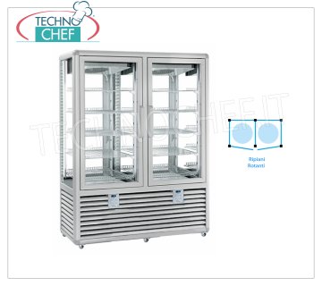 Refrigerated Showcase for Pastry, Temp. + 5 ° -20 ° C, 2 Doors, lt. 848, Mod.CGL900R2T / R2T Multi-temperature showcase from + 5 ° to -20 ° C for 2-door pastry, ventilated refrigeration, Curve Line, with 4 display sides, 10 rotating glass shelves, capacity 848 lt, V.230 / 1, Kw.0.75 + 0 , 75, Weight 329 Kg, dim.mm.1380x620x1860h