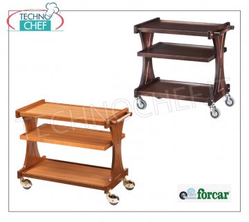 Wooden service trolleys Service trolley in WALNUT-stained plywood, FORCAR brand, 3 laminate shelves, single-body supporting backrests, 4 multidirectional wheels, dim.mm.860x550x850h