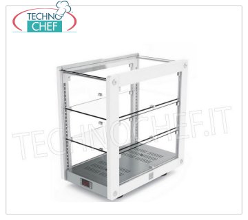Hot counter display cabinets HEATED counter display showcase, FRAME Line, with wooden frame in the standard colors, 2 intermediate glass shelves, glass doors on 2 fronts, temp. In 3 floors of 65-50-42 ° C, V.220 / 1, Kw.0,27, dim.mm. 575x340x610h