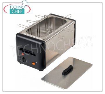 Egg cooker for buffet with 6 numbered egg trays and lid Countertop egg cooker, with Gastro-Norm 1/3 well and 6 numbered baskets, max capacity 10 eggs, safety thermostat, V.230/1, Kw 1.2, Weight 5 Kg, dim. external mm. 480x215x255h
