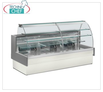 Refrigerated Pastry Display Counter, Static, Temp.+4°/+6°C, with Sliding Drawer, available in 3 lengths Refrigerated Pastry Display Counter, Static, Temp.+4°/+6°C, with sliding drawer, complete with shoulders, condensation collection tray and paneling, version with straight glass that can be opened like a compass, V.230/1, Kw.0,323, dim.cm.140x98x124h