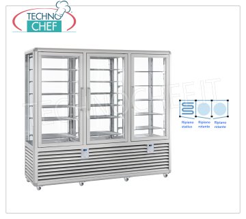 TECHNOCHEF - Combined Showcase for Ice Cream / Pastry, temp. -15 ° -25 ° C / + 4 ° + 10 ° C, Mod.CPG1300S / R / R Combined Showcase for Ice Cream / Pastry 3 doors, temp. -15 ° -25 ° C / + 4 ° + 10 ° C, Curve Line, 4 display sides, 6 static shelves + 12 rotating shelves, ventilated / static refrigeration, capacity lt. 1388, V.230 / 1, Kw.0,7 + 0,54 + 0,54, dim.mm.2050x620x1860h