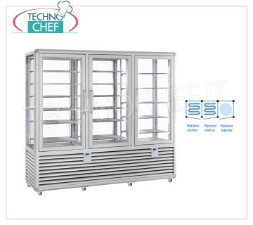 TECHNOCHEF - Combined Showcase for Ice Cream / Pastry, temp. -15 ° -25 ° C / + 4 ° + 10 ° C, Mod.CPG1300S / S / R Combined Showcase for Ice Cream / Pastry 3 doors, temp. -15 ° -25 ° C / + 4 ° + 10 ° C, Curve Line, 4 display sides, 12 static shelves + 6 rotating shelves, ventilated / static refrigeration, capacity lt. 1388, V.230 / 1, Kw.0,7 + 0,7 + 0,54, dim.mm.2050x620x1860h