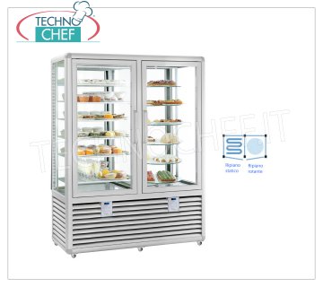 TECHNOCHEF - Combined Showcase for Ice Cream and Pastry, temp. -15 ° -25 ° C / + 4 ° + 10 ° C, Mod.CPG900S / R Combined Showcase for Ice Cream / Pastry 2 doors, temp. -15 ° -25 ° C / + 4 ° + 10 ° C, Curve Line, 4 display sides, 6 rectangular shelves + 6 rotating shelves, ventilated / static refrigeration, capacity lt. 848, V.230 / 1, Kw.0,70 + 0,54, dim.mm.1380x620x1860h