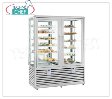 TECHNOCHEF - Combined Showcase for Ice Cream and Pastry, temp. -15 ° -25 ° C / + 4 ° + 10 ° C, Mod.CPG900S / V Combined Showcase for Ice Cream / Pastry 2 doors, temp. -15 ° -25 ° C / + 4 ° + 10 ° C, Curve Line, with 4 display sides, 6 static shelves + 5 glass shelves, ventilated / static refrigeration, capacity lt. 848, V.230 / 1, Kw.0,70 + 0,54, dim.mm.1380x620x1860h
